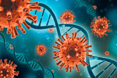 Mavi yeşil zemin üzerinde mikroskobik kırmızı virüs hücreleri ve DNA iplikleri üç boyutlu resimleme. Mikrobiyoloji, viroloji, tıp, epidemiyoloji, biyoloji bilim kavramları. Sanatsal vizyon.