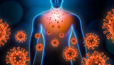 Viral pneumonitis 3d rendering illustration with red virus cells and human body. Coronavirus, covid 19, infectious and inflammatory respiratory disease as pneumonia, bronchitis, copd concepts. clipart