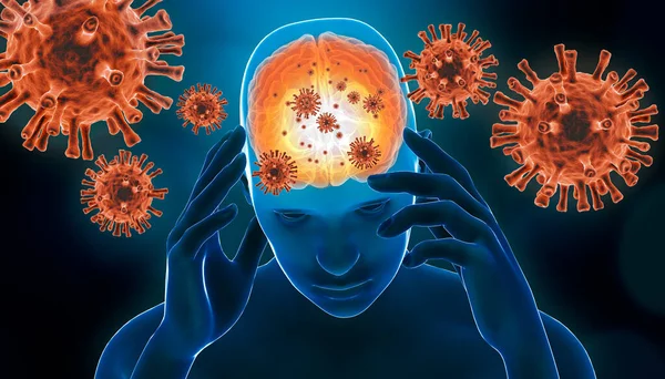 Beyin viral enfeksiyonu 3 boyutlu resimleme. Kırmızı virüslü beyin iltihabı. Beyin iltihabı, menenjit, Alzheimer, Parkinson, narkolepsi veya skleroz gibi nörolojik hastalıklar.