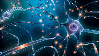Neuronal network with electrical activity of neuron cells 3D rendering illustration. Neuroscience, neurology, nervous system and impulse, brain activity, microbiology concepts. Artist vision. clipart