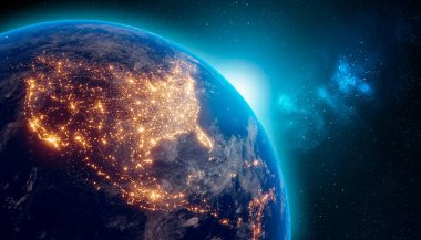 Gece vakti dış uzaydan Dünya ve Kuzey Amerika kıtasındaki şehir ışıkları. 3 boyutlu canlandırma. Dünya haritası Nasa tarafından sağlandı. Enerji tüketimi, elektrik, sanayi, enerji arzı, ekoloji kavramları.