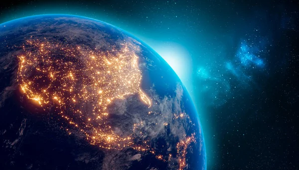 Föld Éjszaka Űrből Városi Fényekkel Észak Amerika Kontinensén Renderelő Illusztráció — Stock Fotó