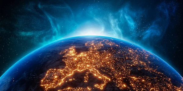 Città Illumina Continente Europeo Notte Dallo Spazio Illustrazione Rendering Struttura — Foto Stock