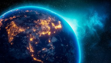 Orta ve Doğu Asya kıtalarının şehir ışıkları geceleyin uzaydan. 3 boyutlu canlandırma. Dünya haritası Nasa tarafından sağlandı. Enerji tüketimi, elektrik, sanayi, enerji arzı, ekoloji kavramları.
