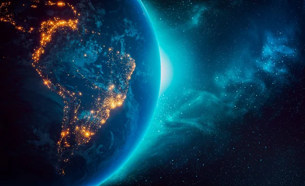 Gece, Güney Amerika kıtalarının şehir ışıkları dış uzaydan 3 boyutlu resimleme yapıyor. Dünya haritası Nasa tarafından sağlandı. Enerji tüketimi, elektrik, sanayi, enerji arzı, ekoloji kavramları.