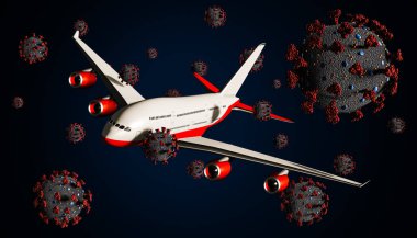 Coronavirus veya covid-19 virüs hücreleri uçakla 3 boyutlu görüntüleme. Seyahat, havacılık taşımacılığı ve ulaşım endüstrisi ve viral salgın hastalıklar veya salgın hastalıklar kavramları.