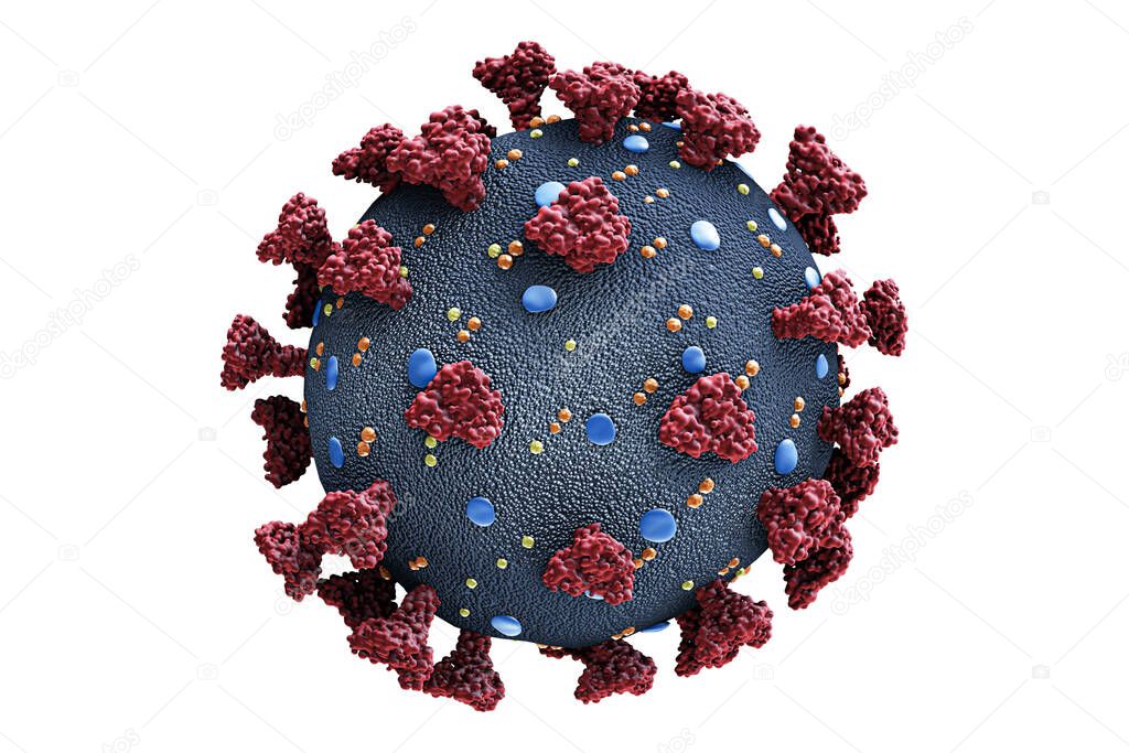Coronavirus or covid-19 virus cell scientific structure model isolated on a white background. Microbiology, science, medicine, biomedical, biology, virology 3d rendering illustration.