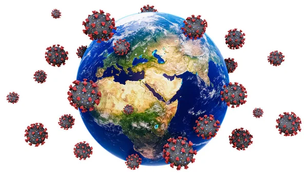 Planet Earth and coronavirus or covid virus cells isolated on white background 3D rendering illustration. Global pandemic or epidemic and communicable disease concept. Map texture provided by NASA.