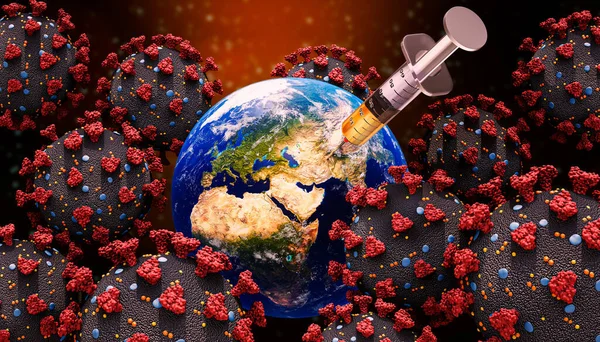 Earth planet with cornavirus cells and syringe with medication drug 3D rendering illustration. Cure, vaccination or vaccine against covid 19 virus global pandemic concept. Earth map textures provided by NASA.