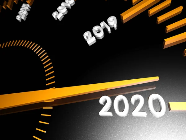 Числа майбутнього нового 2020 року на поверхні спідометра, зі стрілкою наближається до них. 3d візуалізація . — стокове фото