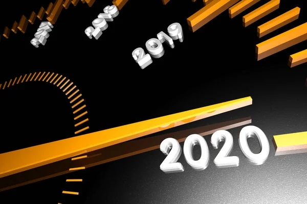 Hız göstergesi yüzeyinde yaklaşan 2020 yılının sayıları ve onlara yaklaşan bir ok. 3d hazırlayıcı.