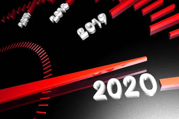 Hız göstergesi yüzeyinde yaklaşan 2020 yılının sayıları ve onlara yaklaşan bir ok. 3d hazırlayıcı.