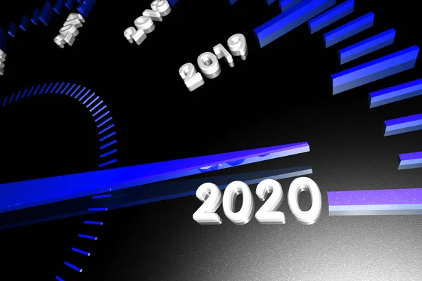 Nombres de la prochaine nouvelle année 2020 sur la surface du compteur de vitesse, avec une flèche les approchant. 3d rendu . — Photo