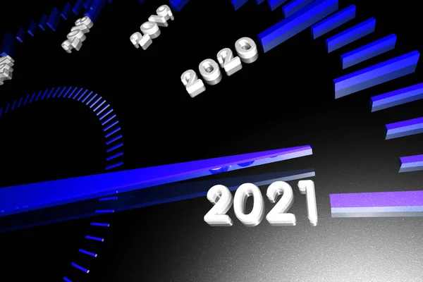 Números do próximo ano novo 2021 na superfície do velocímetro, com uma seta se aproximando deles. Renderização 3d . — Fotografia de Stock