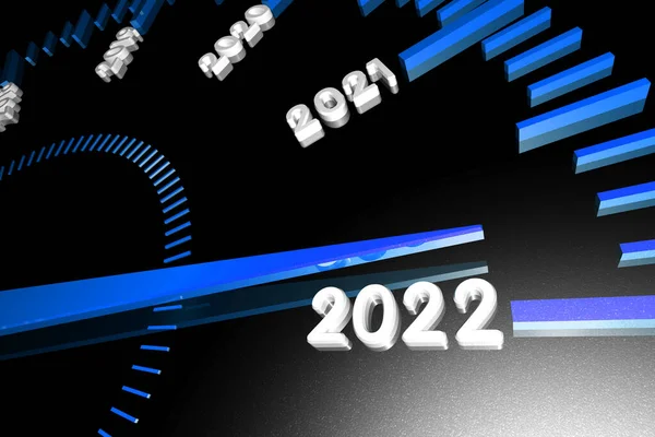 Números do próximo ano novo 2022 na superfície do velocímetro, com uma seta se aproximando deles. Renderização 3d . — Fotografia de Stock