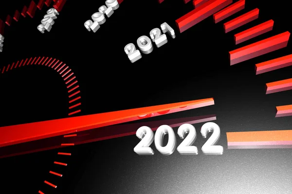 Числа майбутнього 2022 року на поверхні спідометра, зі стрілкою наближається до них. 3d візуалізація . — стокове фото