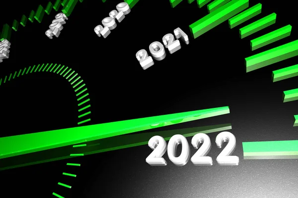 Números do próximo ano novo 2022 na superfície do velocímetro, com uma seta se aproximando deles. Renderização 3d . — Fotografia de Stock