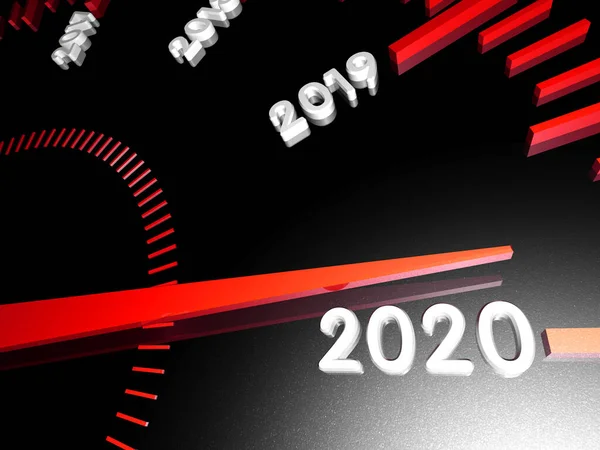 Numbers of the upcoming new year 2020 on the speedometer surface, with an arrow approaching them. 3d render. Stock Photo