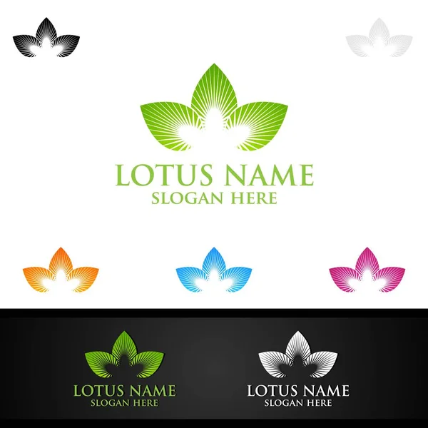 Yoga und Lotusblumen-Logo mit Wellness-Konzept und menschlicher Silhouette — Stockvektor