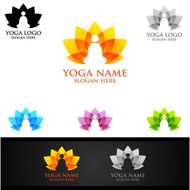 Yoga ve nilüfer çiçeği logosu Sağlık Spa Konsepti ve İnsan silueti