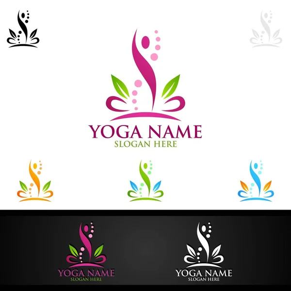 Yoga e logotipo da flor de lótus com conceito de spa de saúde e silhueta humana —  Vetores de Stock
