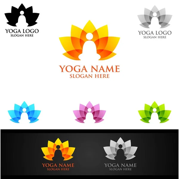 Yoga e logotipo da flor de lótus com conceito de spa de saúde e silhueta humana —  Vetores de Stock