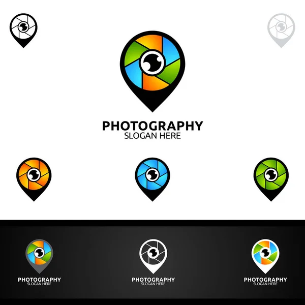 Abstract Pin Camera Fotografia Logo Ícone Vector Design Template — Vetor de Stock