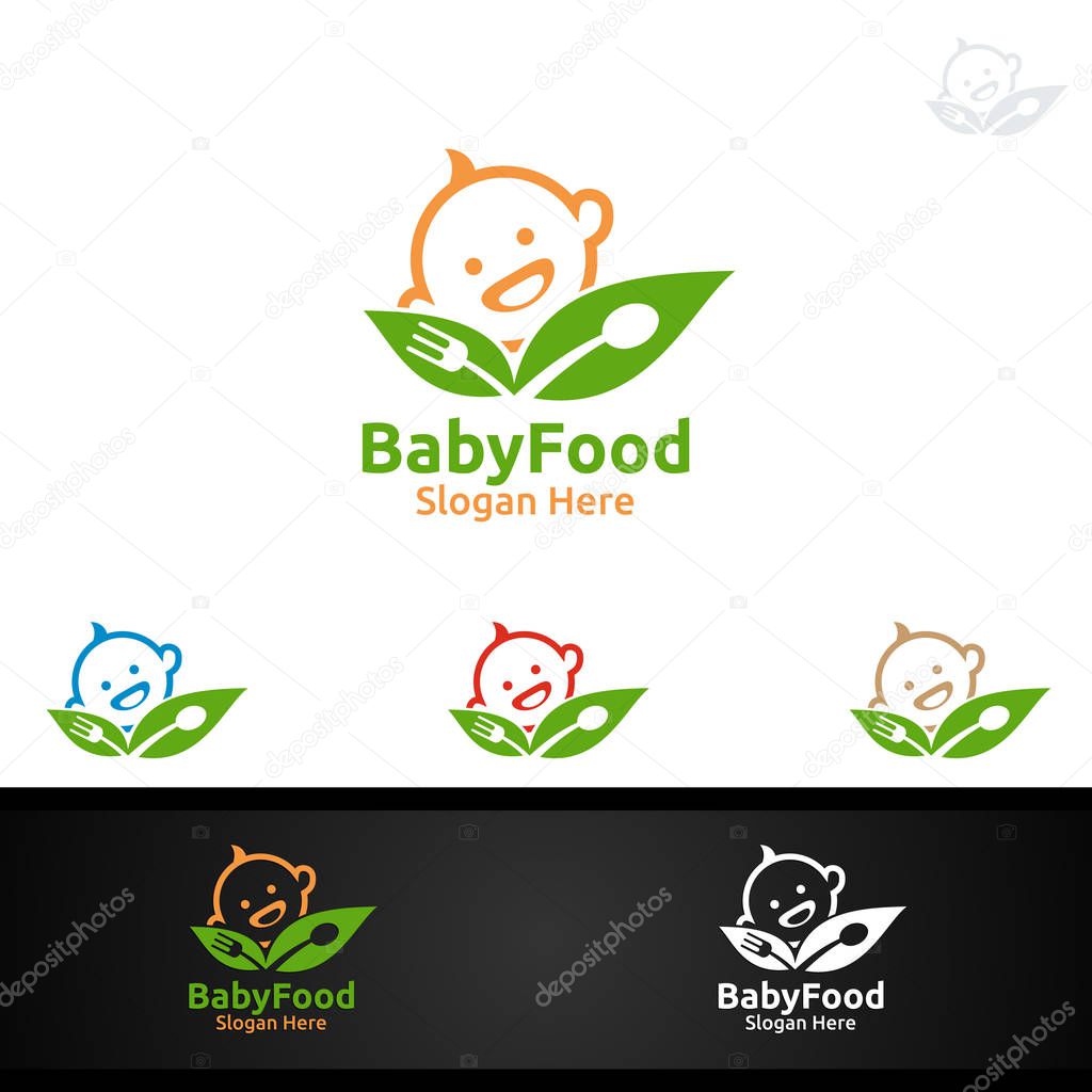 Baby Food Logo Template. Organic Vector Design.for Nutrition, Supplement, Fork, Spoon and leaves Concept