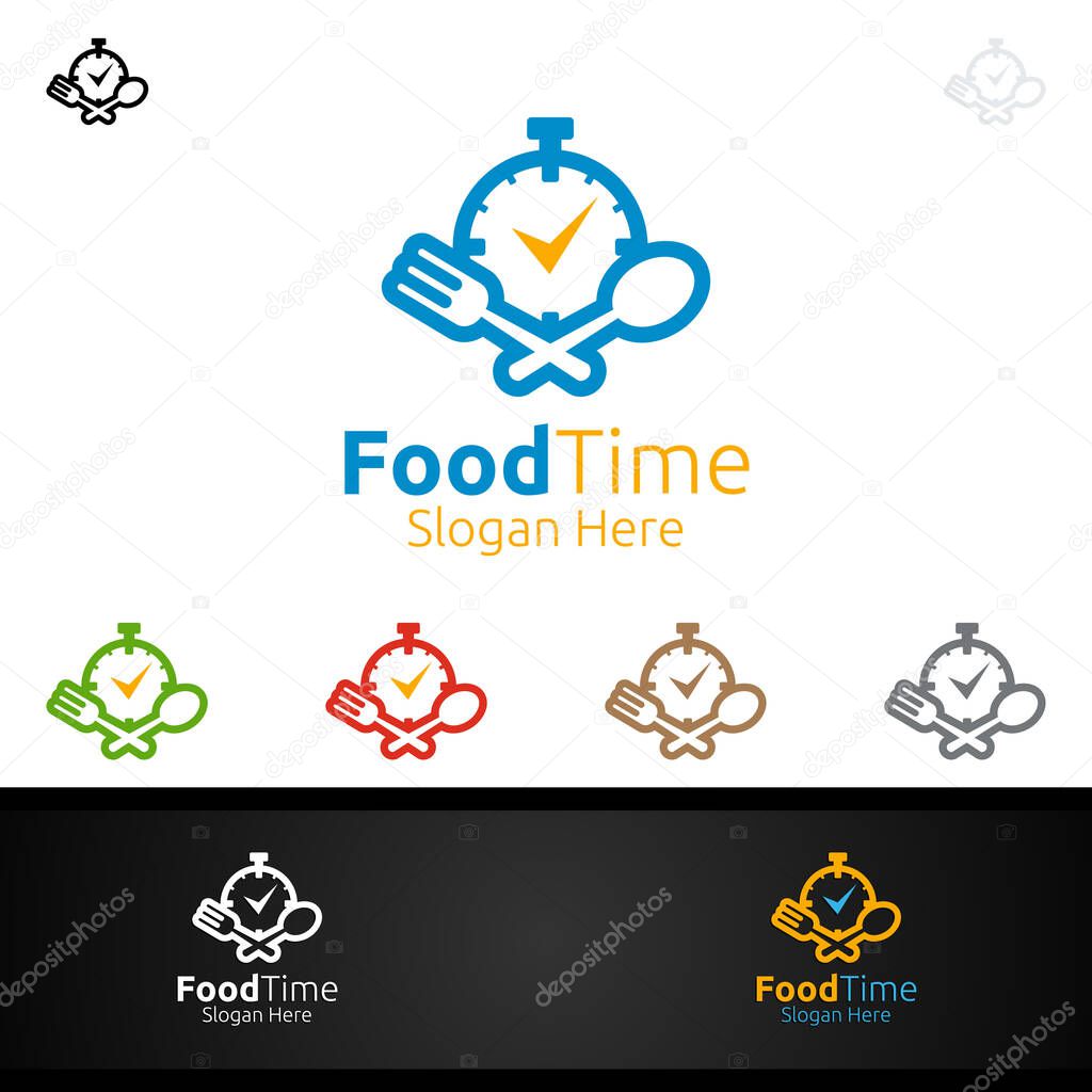 Food Time Logo Template. Organic Vector Design.for Restaurant, Cafe, Fork, Spoon and leaves Concept
