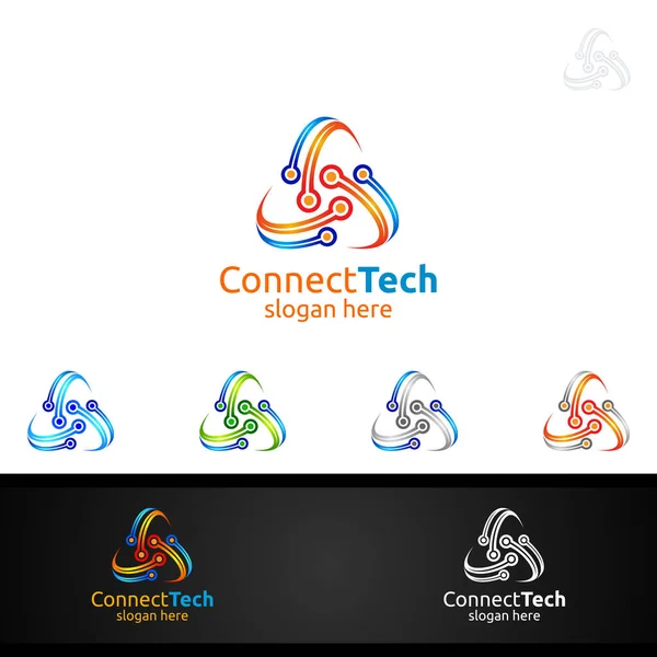Technologie Logo Mit Drähten Und Elektronischem Kabel Verbindung Pixel Mobile — Stockvektor