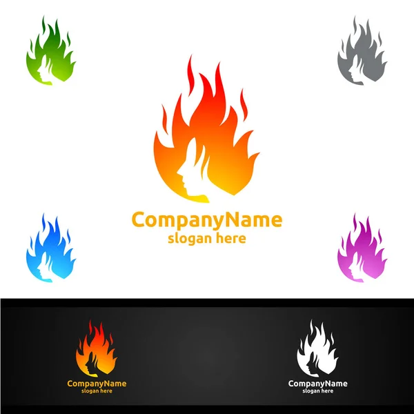 Feu Flamme Avec Logo Personnage Visage Femme Design Pour Salon — Image vectorielle