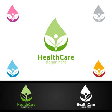 İnsan ve Yaprak Terapi, Sağlık, Spa, Eğitim, Beslenme veya Sağlık Konsepti İçin Su Damlası Sağlık Logosu