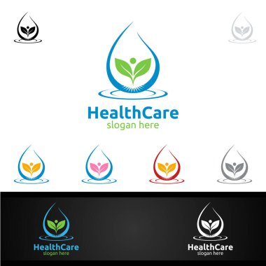 İnsan ve Yaprak Terapi, Sağlık, Spa, Eğitim, Beslenme veya Sağlık Konsepti İçin Su Damlası Sağlık Logosu