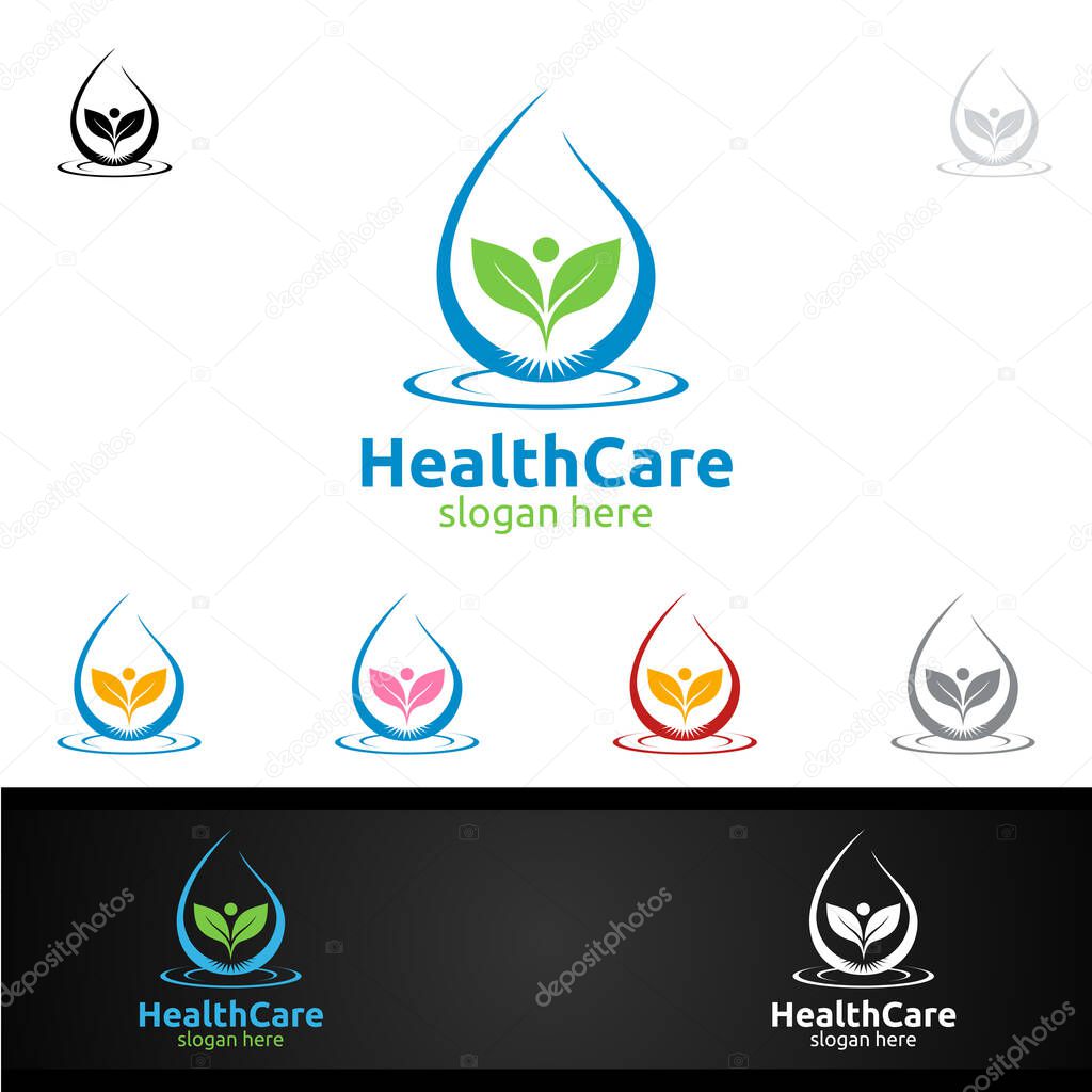Water Drop Health Care Medical Logo with Human and Leaf Character for Therapy, Wellness, Spa, Education, Nutrition, or Fitness Concept