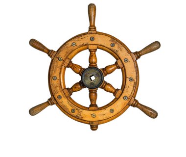 Eski vintage, ahşap beyaz arka plan üzerinde izole direksiyon gemi