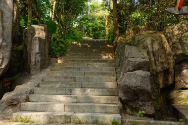 Kenarlarında taş bloklar olan taş basamaklar.
