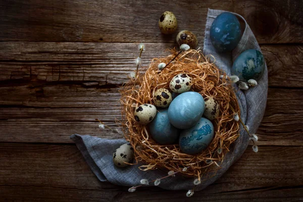 Nest Easter Eggs Blue Chicken Quail Wooden Background Decorated Willow — Stock Photo, Image