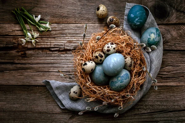 Easter Eggs Nest Wooden Background Decorated Willow Snowdrops — Stock Photo, Image