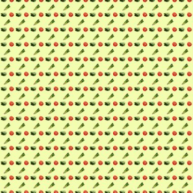 Marul kafaları ve sarı arka planda yarım domatesli kusursuz desenler. Görüntü