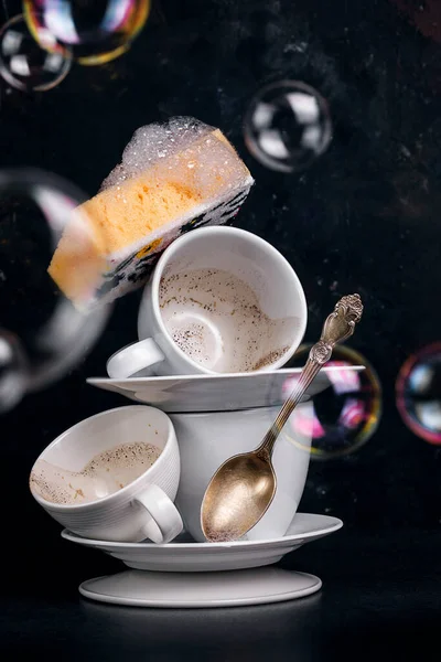 Washing Coffee Cups Washcloth Foam Conceptual Photo Soap Bubbles — Stock Photo, Image