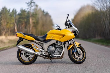 Orman bölgesinde sarı bir motosikletin yan görüntüsü.