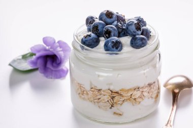 Sağlıklı kahvaltı - beyaz arka planda cam kavanozda servis edilen yabanmersinli yoğurt ve müsli.