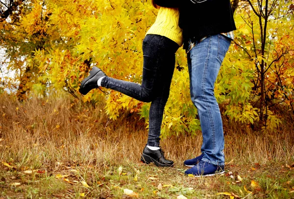 Couple en vêtements chauds câlins dans le parc — Photo