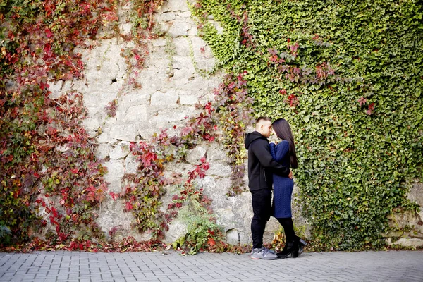Couple in love hugging near brick wall — Stock Photo, Image
