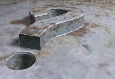 3D görüntüleme. Çukuru sembolize eden metalik dokusu olan üç boyutlu bir soru işareti..