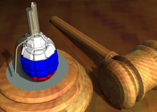 F-1 grenade on the hammer of justice with the texture of the Russian flag. 3D rendering.