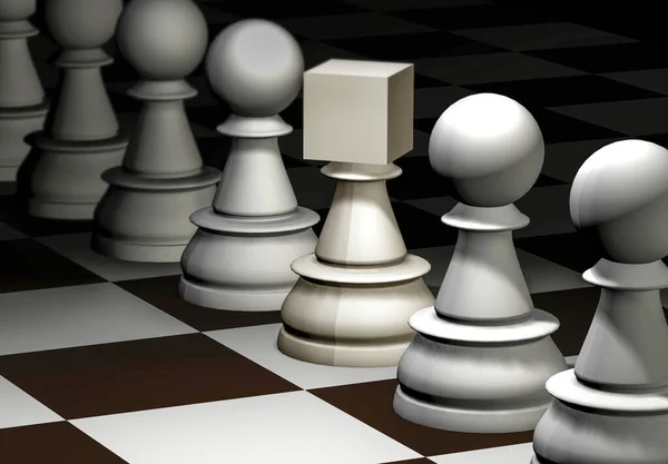 チェスの駒が形成され そのうちの1つは正方形の頭を持っています という概念 3Dレンダリング — ストック写真