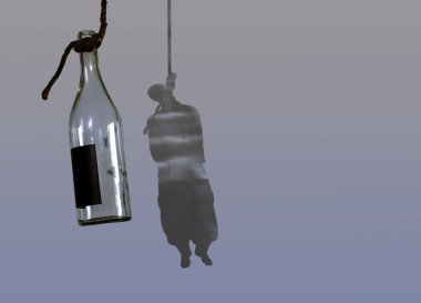  İpe asılmış bir şişe votka ve gölgedeki bir adamın silueti..