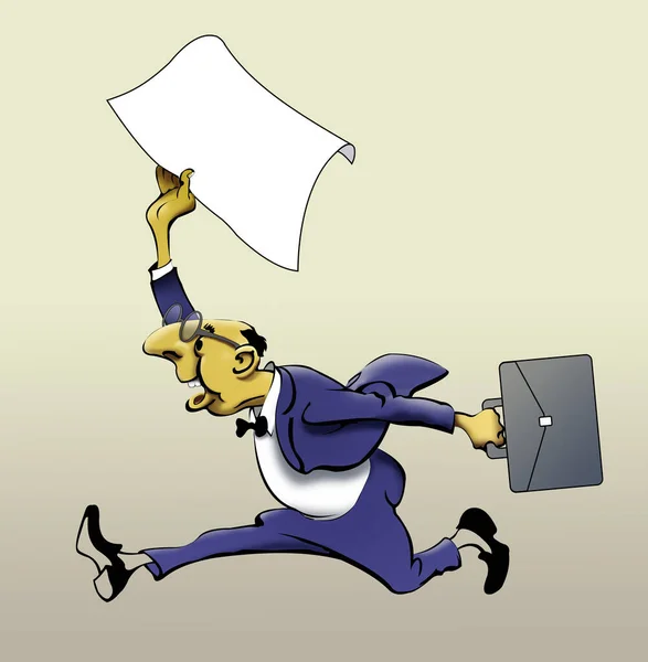 Cartoon man-Manager runs with a piece of paper in his hands.