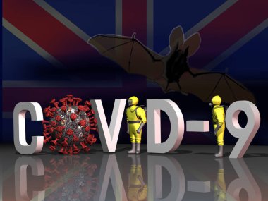 3 boyutlu görüntüleme. Koronavirüslü 3D yazıt covid-19 ve Britanya bayrağının arka planında koruyucu elbiseler..